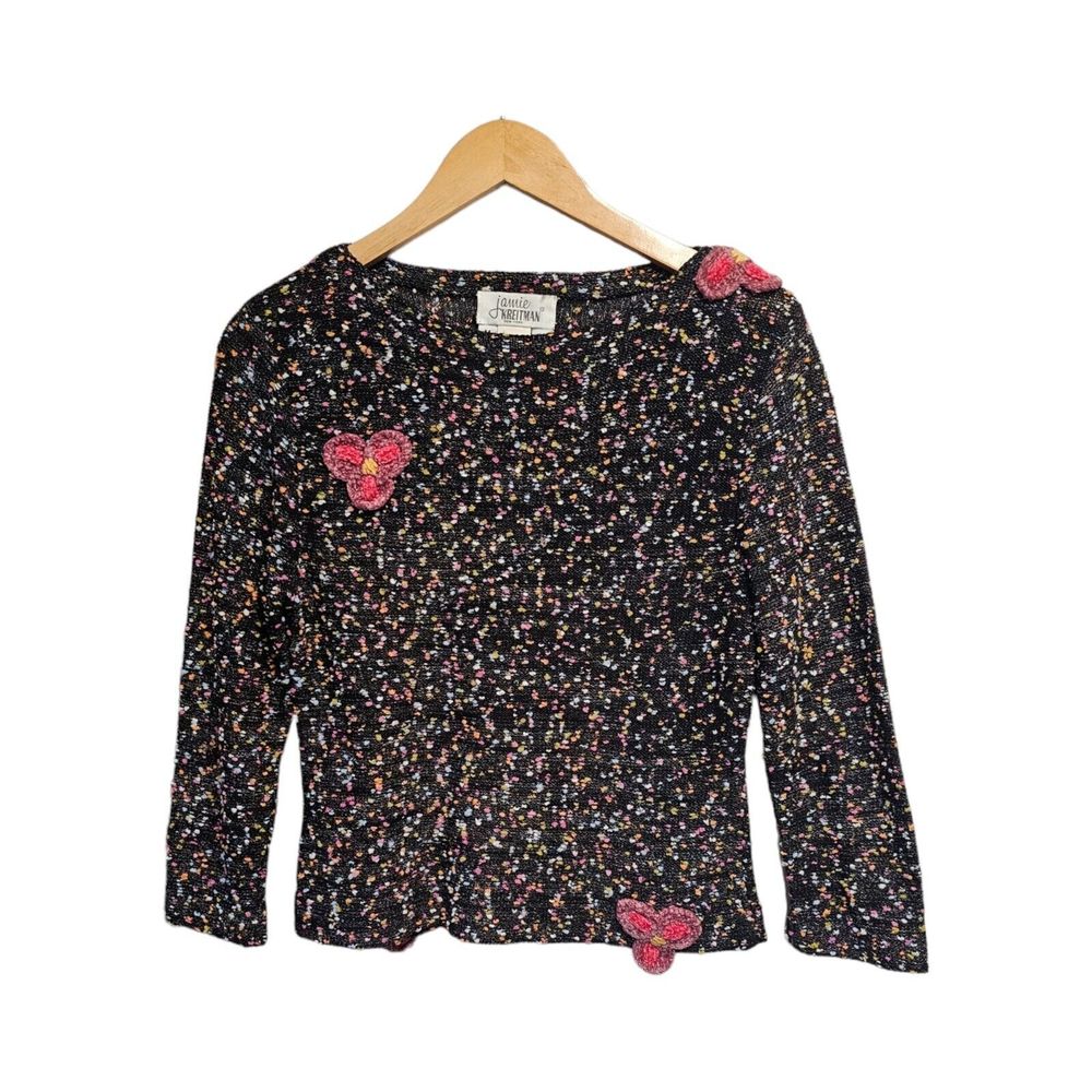 Vintage Jamie‎ Kreitman Sweater Black Neon Specks Floral Accents Medium